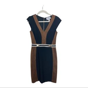 Joseph Ribkoff Size 8 Black Brown Suede Gold Buckle Belted Midi Dress